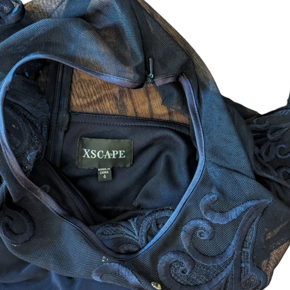 New XSCAPE navy Dress knit party dress illusion Lace neckline long sleeves sz 4 - Picture 8 of 11